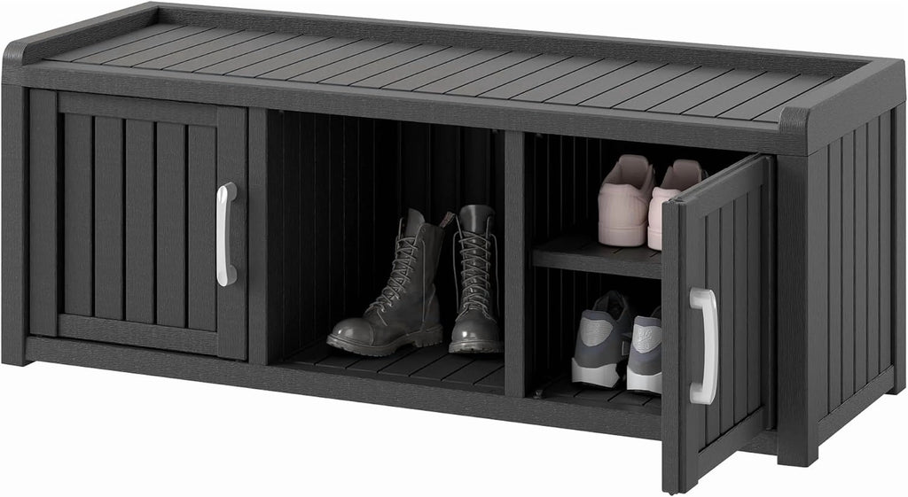 KAMABOKO Outdoor Shoe Storage Cabinet, Waterproof UV-Resistant Entryway Storage Bench Indoor Outdoor with 2 Barn Doors, Adjustable Shelves for Entryway, Bedroom, Hallway,Living Room(Black)