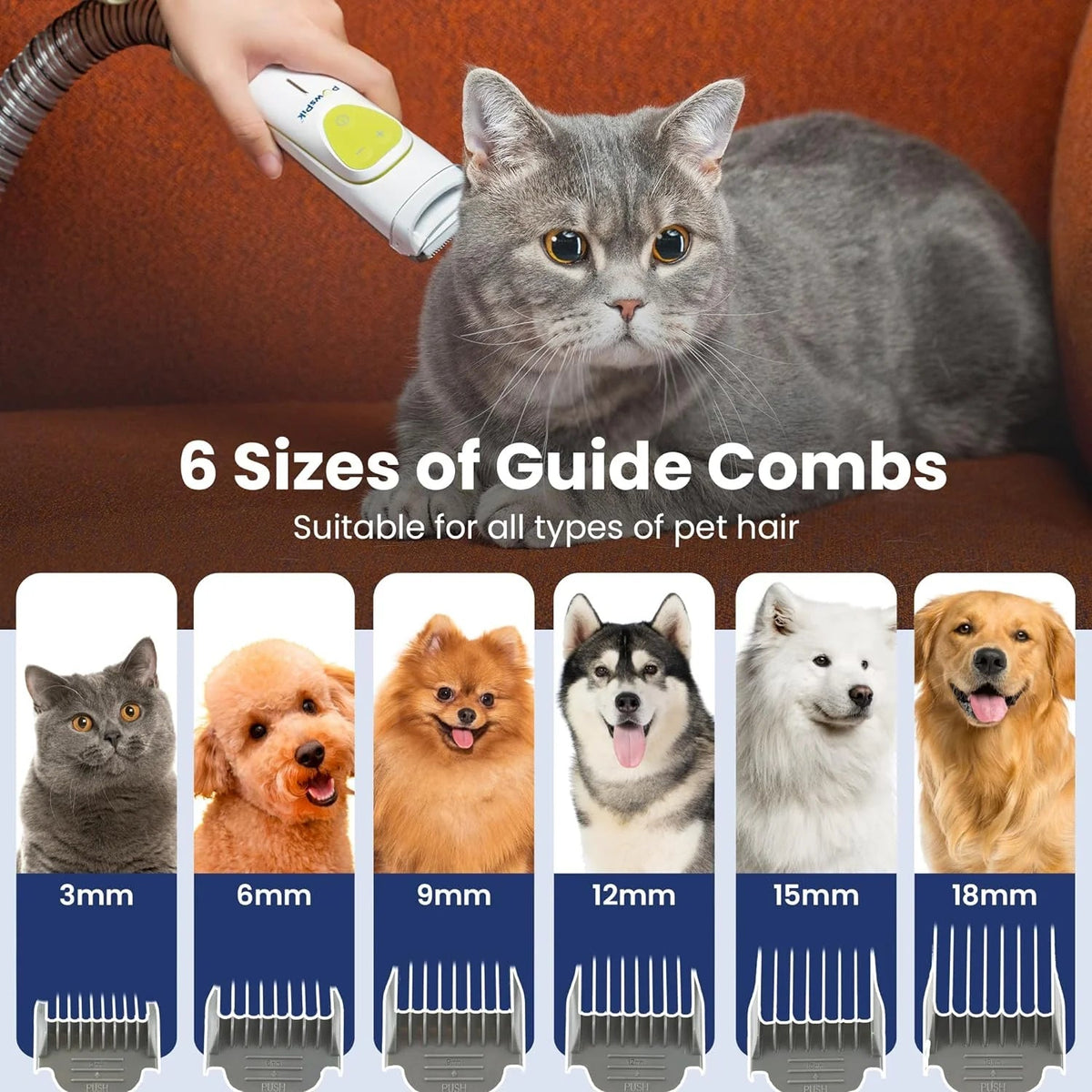 Professional Pet Grooming Vacuum Kit, Dogs & Cats, Direct Handheld Control, 7 Grooming Tools, 6 Suction Levels, Large 2.2L Dust Bin, UL, HEPA Filter