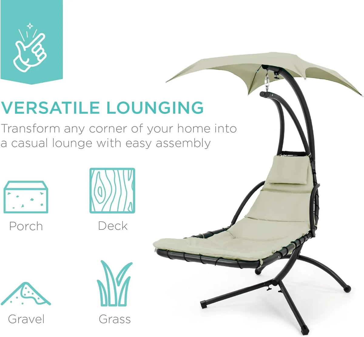 Best Choice Products Outdoor Hanging Curved Steel Chaise Lounge Chair Swing w/Built-in Pillow and Removable Canopy - Charcoal Gray