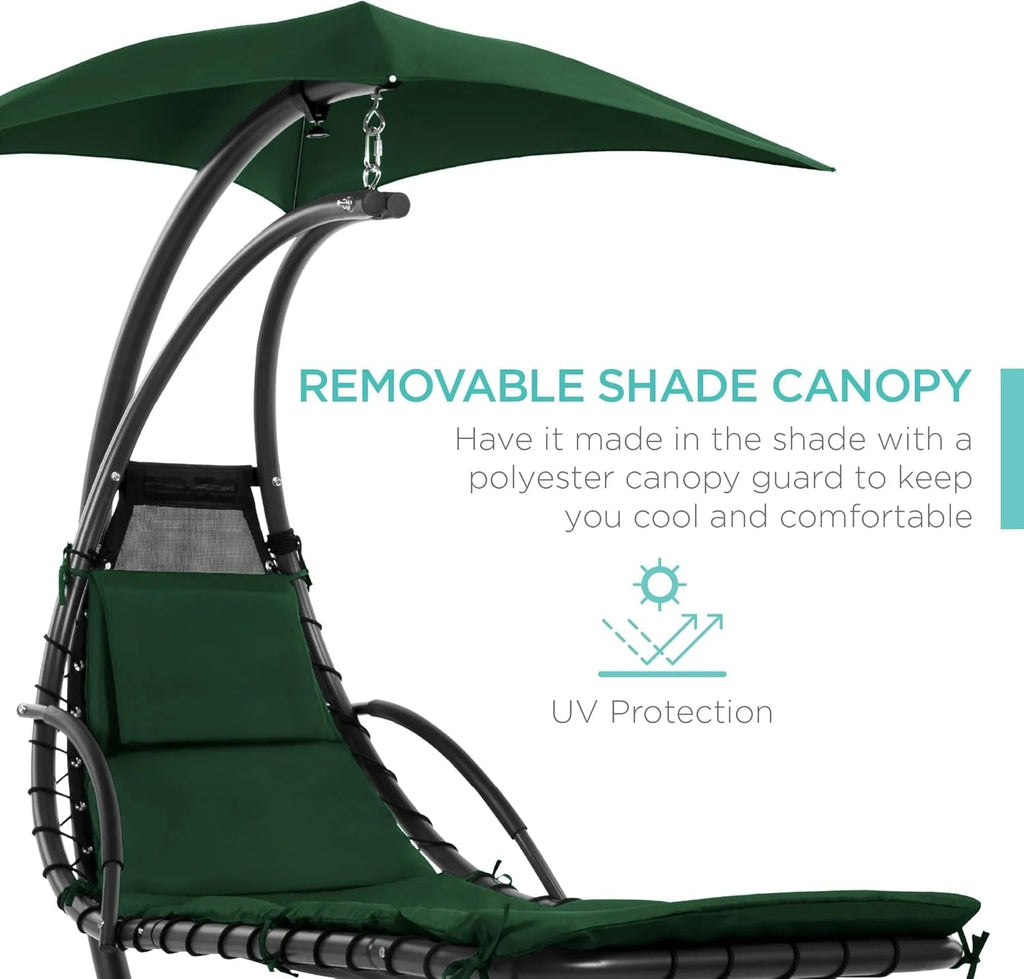Best Choice Products Outdoor Hanging Curved Steel Chaise Lounge Chair Swing w/Built-in Pillow and Removable Canopy - Charcoal Gray