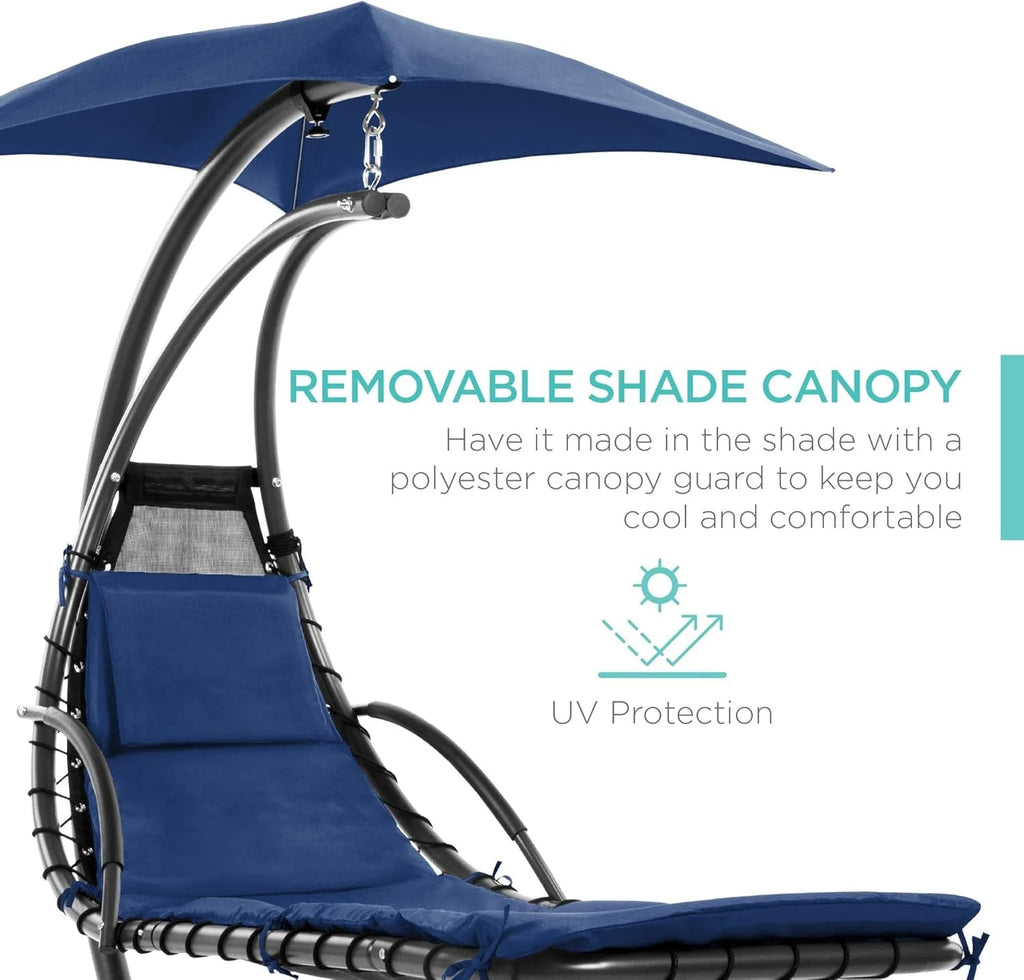 Best Choice Products Outdoor Hanging Curved Steel Chaise Lounge Chair Swing w/Built-in Pillow and Removable Canopy - Charcoal Gray