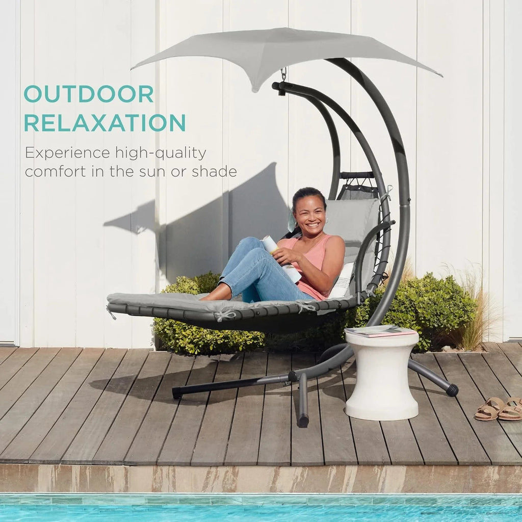 Best Choice Products Outdoor Hanging Curved Steel Chaise Lounge Chair Swing w/Built-in Pillow and Removable Canopy - Charcoal Gray