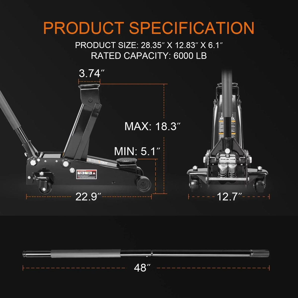 3 Ton Floor Jack Hydraulic Heavy Duty Steel Car Jack with Quick Lift Dual Pump,Black,W8303-B