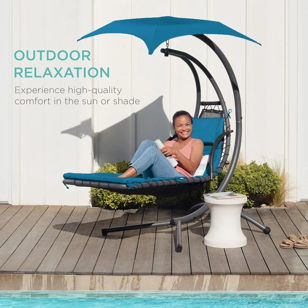Best Choice Products Outdoor Hanging Curved Steel Chaise Lounge Chair Swing w/Built-in Pillow and Removable Canopy - Charcoal Gray
