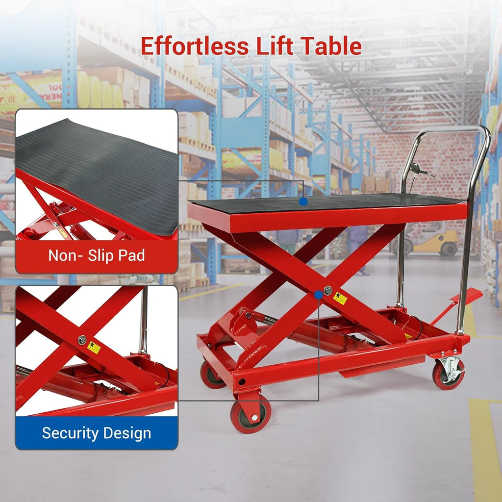 660LBS Hydraulic Lift Table Cart – 31" Lift Height, Double Scissor Design with 4 Wheels & Non-Slip Pad for Material Handling