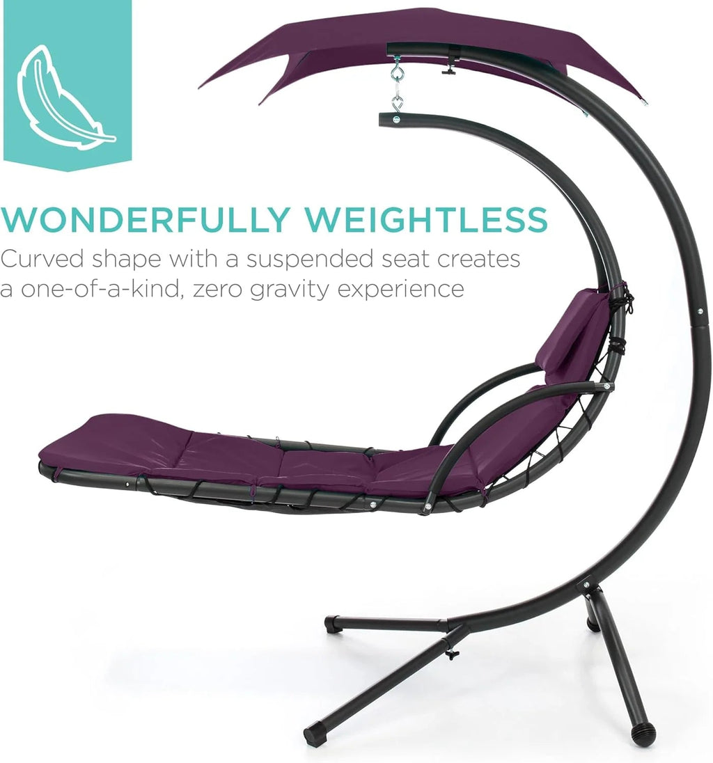 Best Choice Products Outdoor Hanging Curved Steel Chaise Lounge Chair Swing w/Built-in Pillow and Removable Canopy - Charcoal Gray
