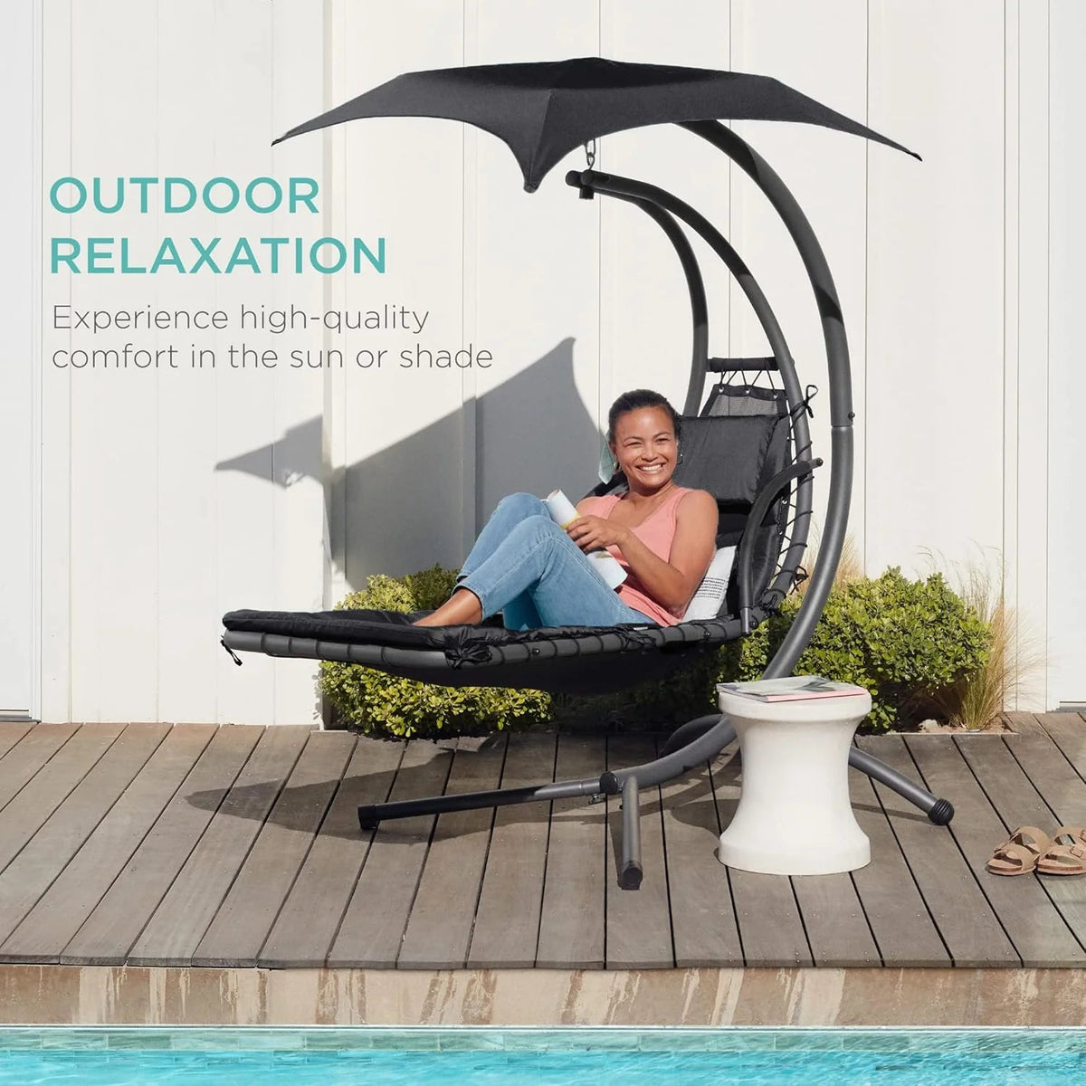 Best Choice Products Outdoor Hanging Curved Steel Chaise Lounge Chair Swing w/Built-in Pillow and Removable Canopy - Charcoal Gray