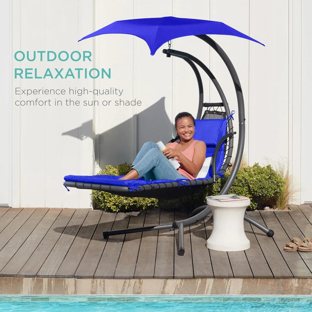 Best Choice Products Outdoor Hanging Curved Steel Chaise Lounge Chair Swing w/Built-in Pillow and Removable Canopy - Charcoal Gray