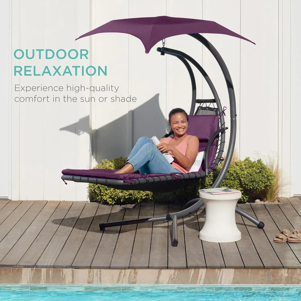 Best Choice Products Outdoor Hanging Curved Steel Chaise Lounge Chair Swing w/Built-in Pillow and Removable Canopy - Charcoal Gray