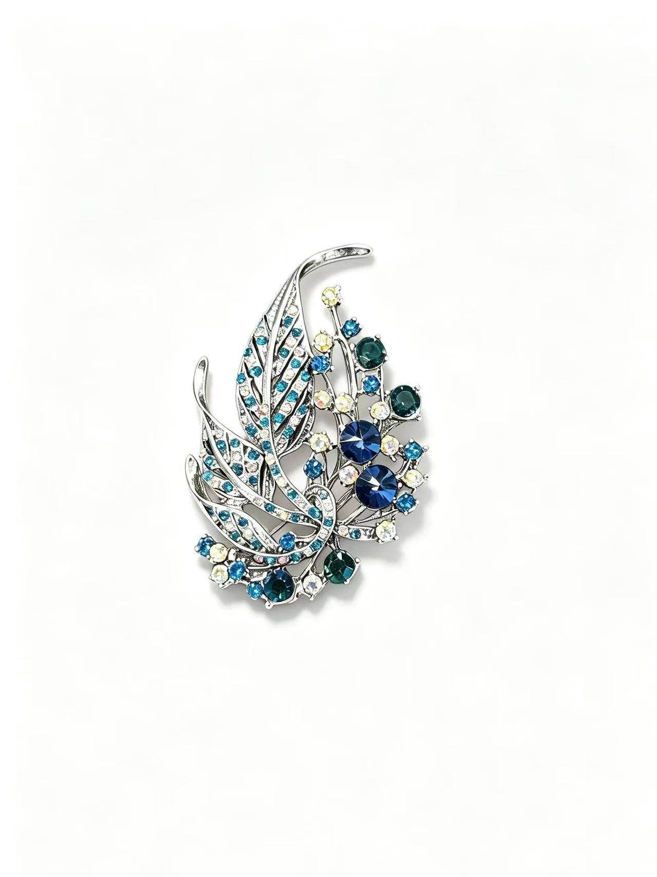 Blue Crystal Leaf Brooch