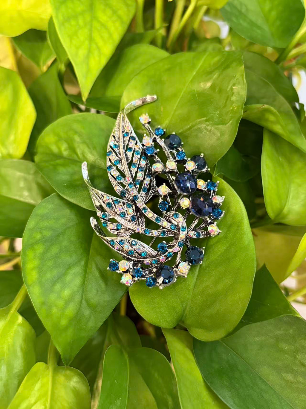 Blue Crystal Leaf Brooch