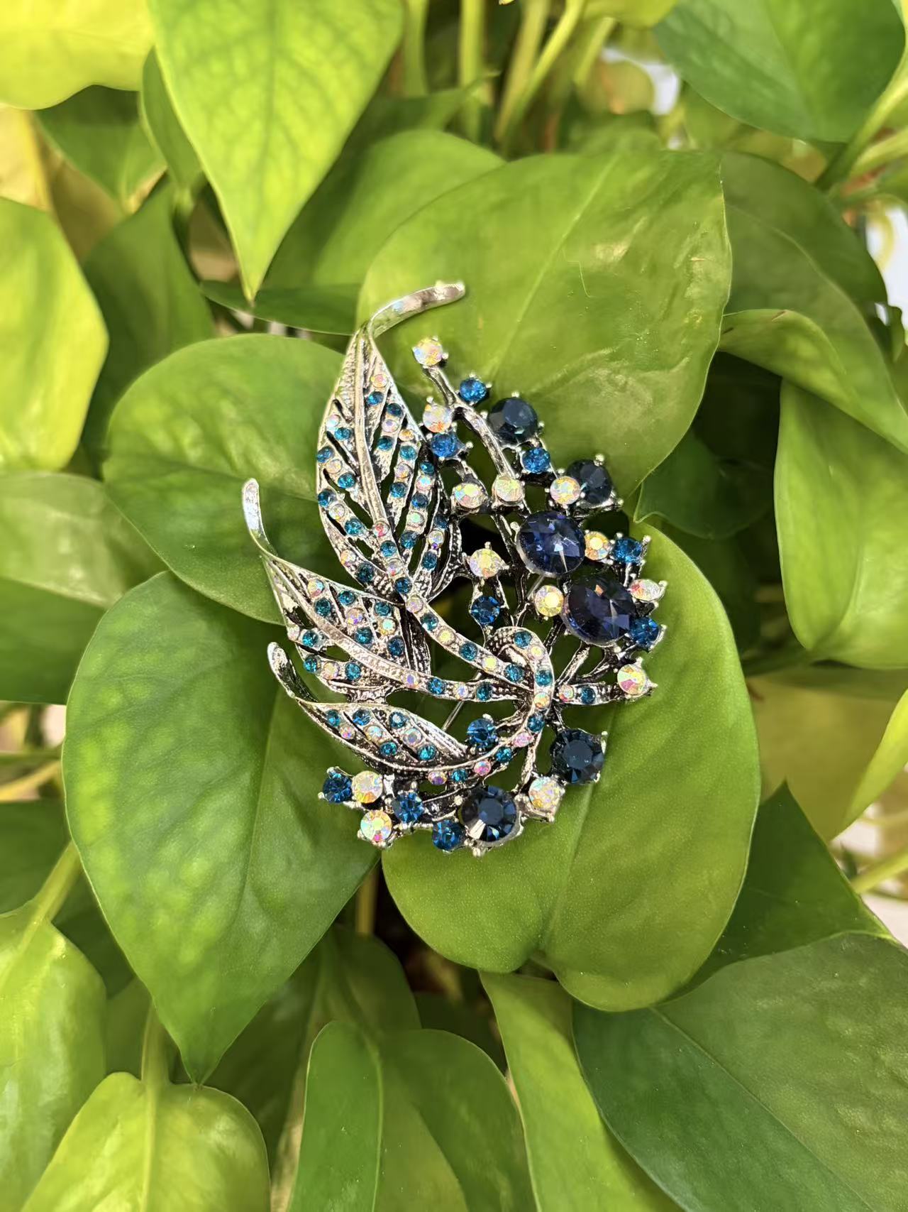 Blue Crystal Leaf Brooch
