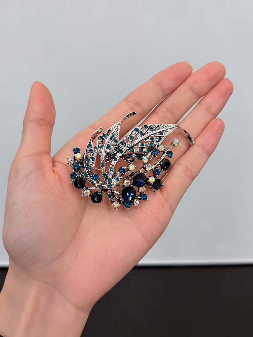 Blue Crystal Leaf Brooch