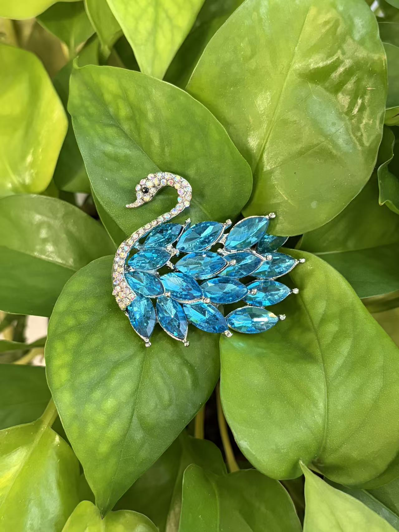 Blue Crystal Swan Brooch