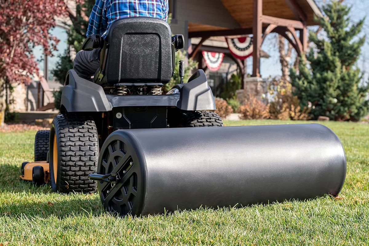 18" x 48" Tow Behind Poly Lawn Roller 550 lbs Weight with Water, Poly Drum and Steel Frame, with Plug. Designed for Lawn and Garden Tractors