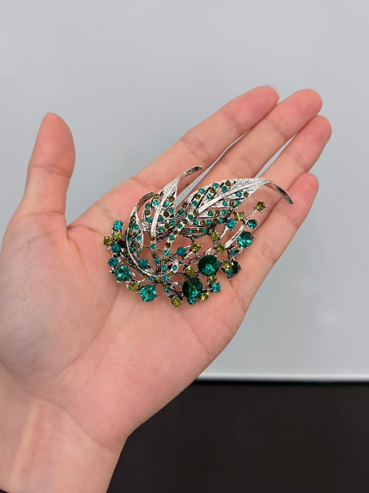 Green Crystal Leaf Brooch