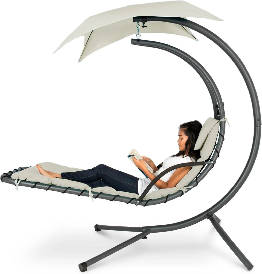 Best Choice Products Outdoor Hanging Curved Steel Chaise Lounge Chair Swing w/Built-in Pillow and Removable Canopy - Charcoal Gray