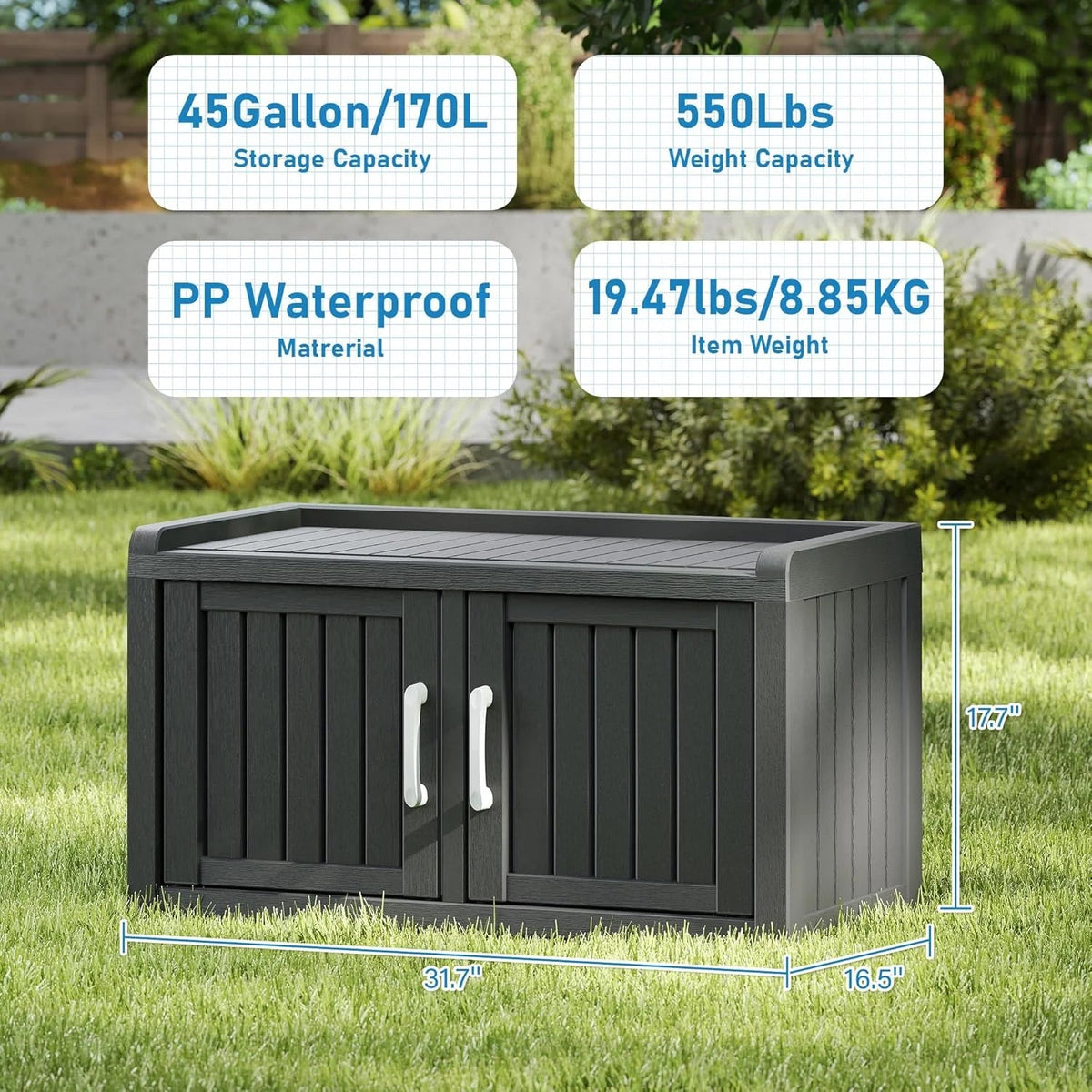 KAMABOKO Outdoor Shoe Storage Cabinet, Waterproof UV-Resistant Entryway Storage Bench Indoor Outdoor with 2 Barn Doors, Adjustable Shelves for Entryway, Bedroom, Hallway,Living Room(Black)
