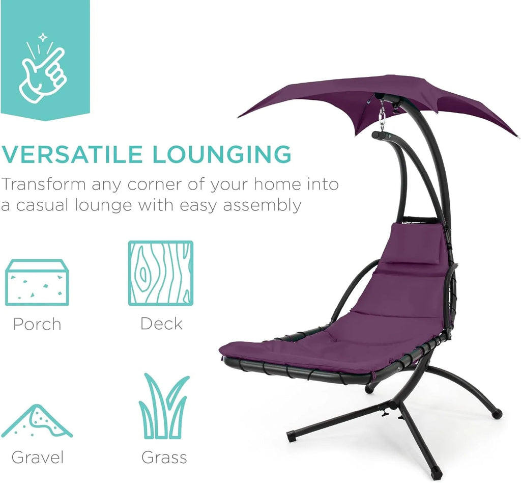 Best Choice Products Outdoor Hanging Curved Steel Chaise Lounge Chair Swing w/Built-in Pillow and Removable Canopy - Charcoal Gray