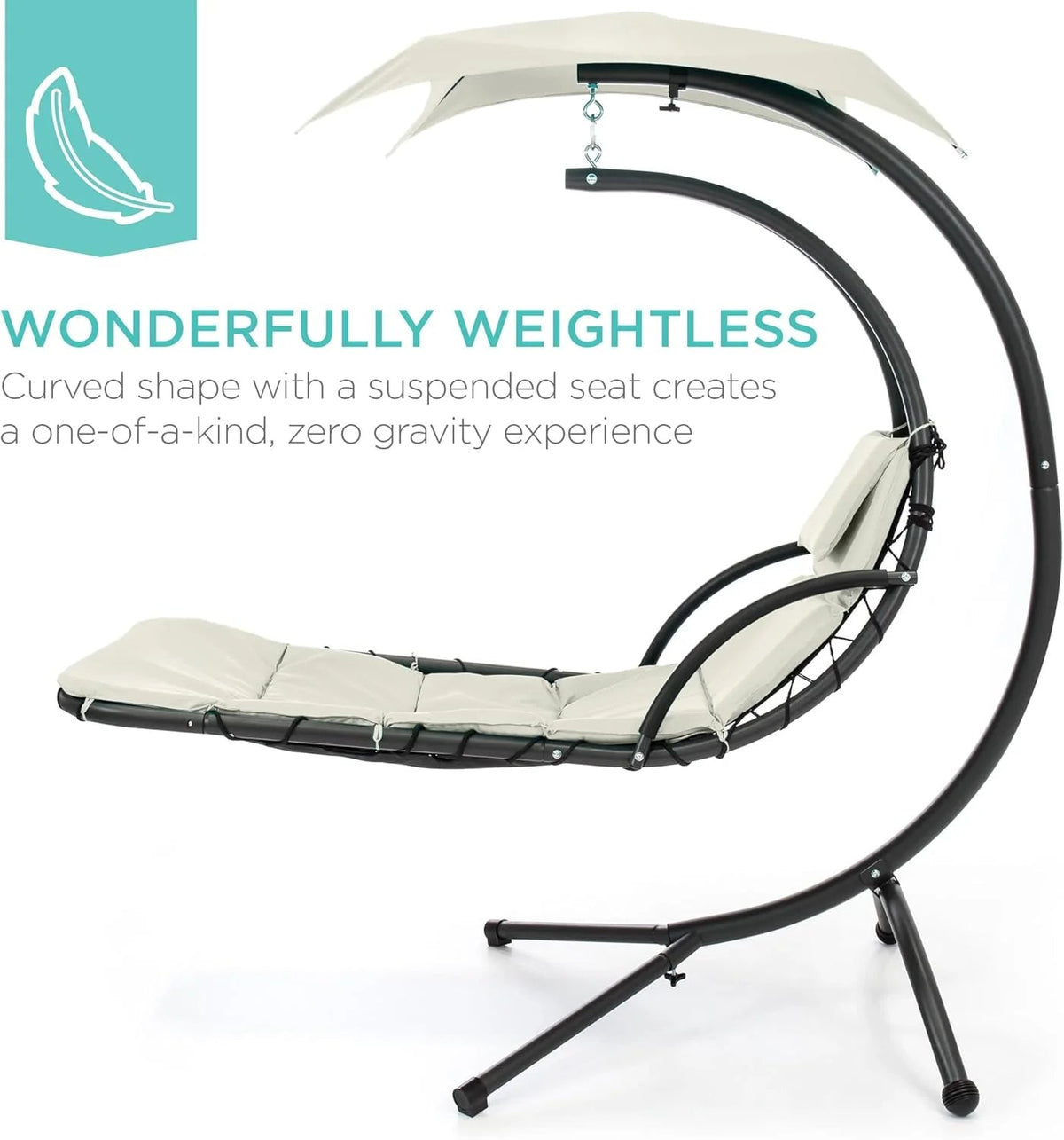 Best Choice Products Outdoor Hanging Curved Steel Chaise Lounge Chair Swing w/Built-in Pillow and Removable Canopy - Charcoal Gray