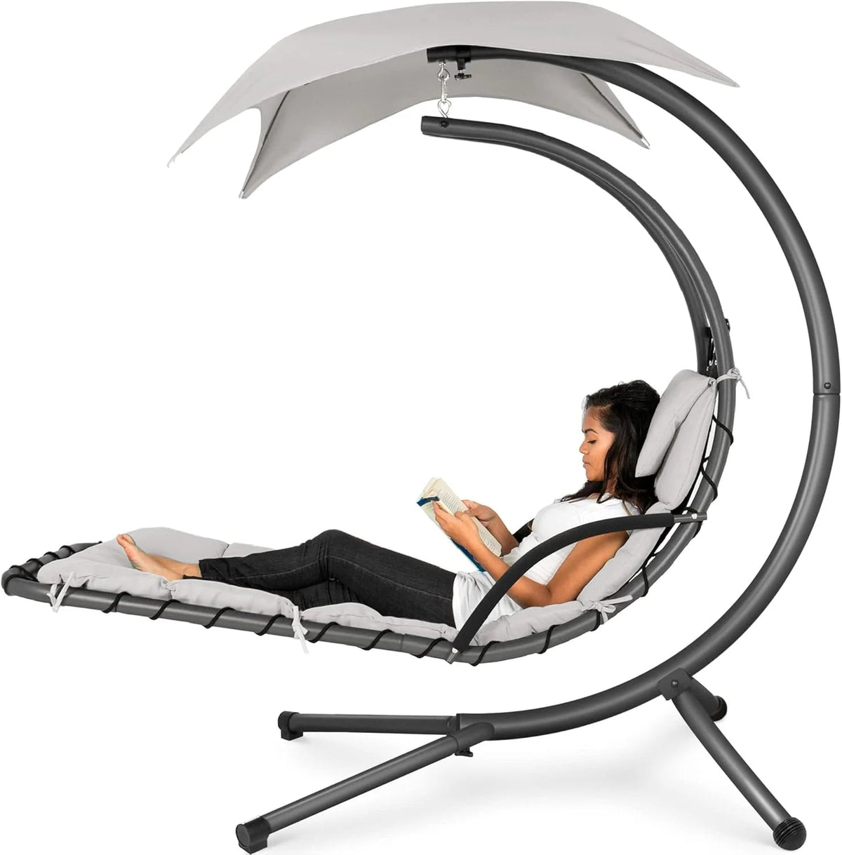 Best Choice Products Outdoor Hanging Curved Steel Chaise Lounge Chair Swing w/Built-in Pillow and Removable Canopy - Charcoal Gray