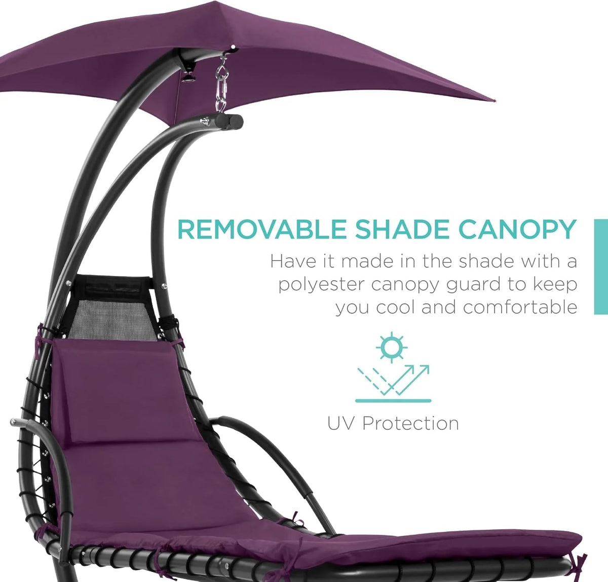 Best Choice Products Outdoor Hanging Curved Steel Chaise Lounge Chair Swing w/Built-in Pillow and Removable Canopy - Charcoal Gray