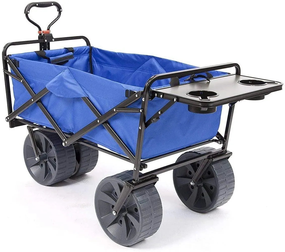 All Terrain Beach Wagon with Side Table|Heavy Duty Collapsible Folding Cart with Large Wheels for Beach Day, Picnic, Camping, Outdoor Activities | Blue/White