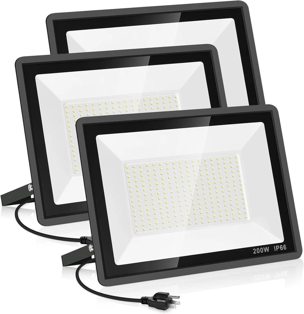 3 Pack 200W LED Flood Light,Super Bright Exterior Security Lights With Plug,IP66 Waterproof Outdoor Flood Light, 22800lm 5000K Daylight White Floodlight for Yard, Garden,Basketball Court, Arena