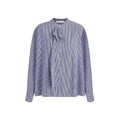 LONGÉ Women's Cotton Blue and White Gingham Tie-Neck Band Collar Shirt