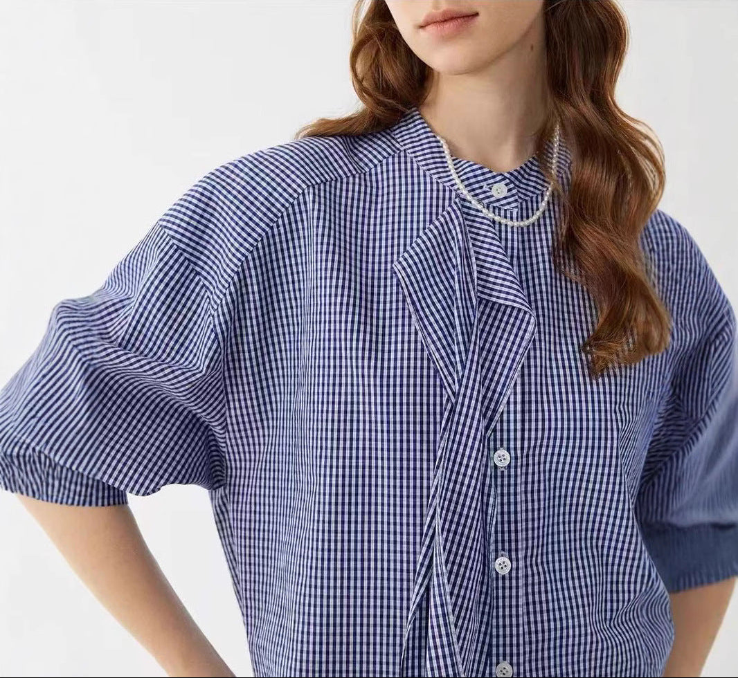 LONGÉ Women's Cotton Blue and White Gingham Tie-Neck Band Collar Shirt