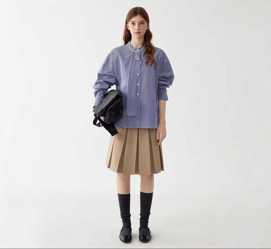 LONGÉ Women's Cotton Blue and White Gingham Tie-Neck Band Collar Shirt