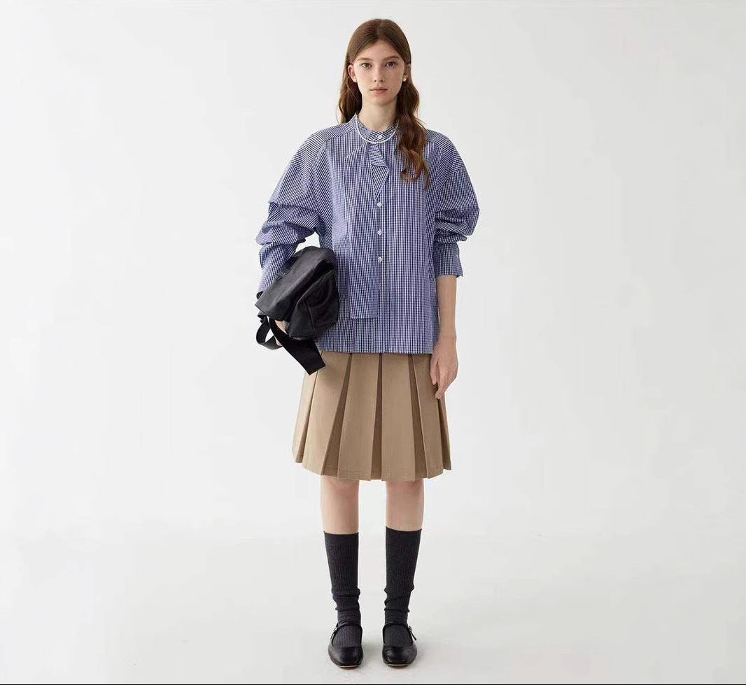 LONGÉ Women's Cotton Blue and White Gingham Tie-Neck Band Collar Shirt